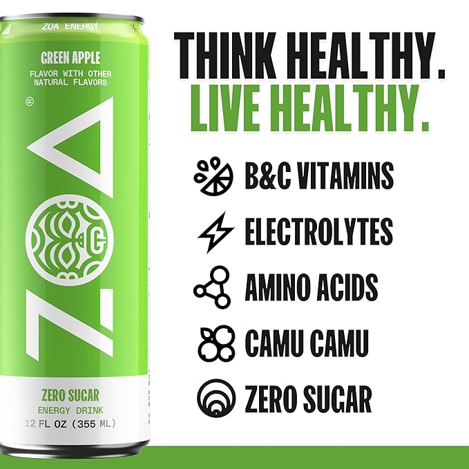 ZOA Zero Sugar Energy Drinks, Green Apple - Sugar Free with Electrolytes, Healthy Vitamin C, Amino