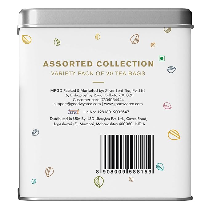 Goodwyn Assorted Herbal Tea Sampler Gift Set Box – 20 Tea Bags (Tulsi, Kahwa, Turmeric, Assam