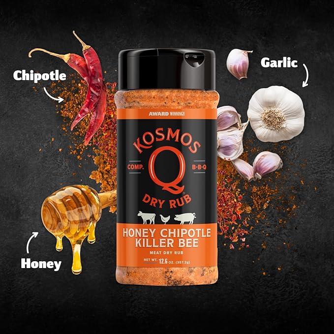 Kosmos Q Honey Chipotle Killer Bee BBQ Dry Rub, Sweet and Spicy Seasoning with Sugar, Chipotle
