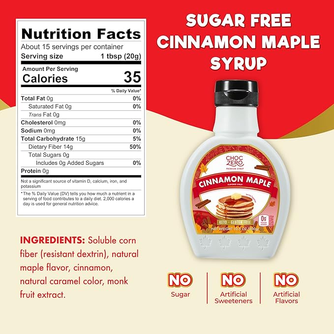 ChocZero Cinnamon Maple Syrup ??Sugar-Free, Keto Friendly, High Fiber, Monk Fruit Sweetened, Low