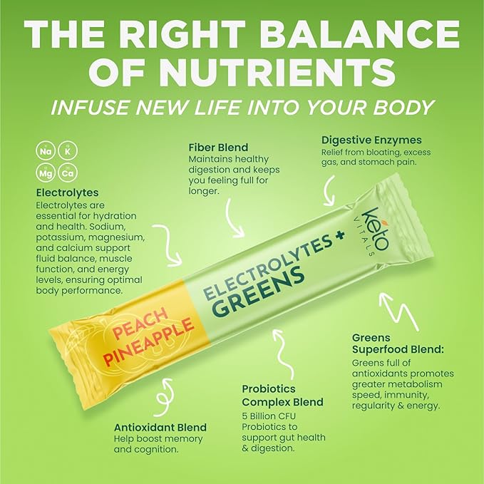 Keto Vitals Keto Electrolytes Plus Greens Superfood Powder Packets - 30 Servings Sugar Free
