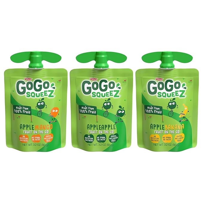 GoGo squeeZ Applesauce and Fruit Puree Variety Pack, Apple, Mango & Banana, 3.2 oz (Pack of 20)
