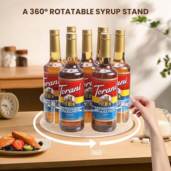 IEEK Large Rotating Coffee Syrup Organizer 7 Bottles Clear Acrylic Coffee Syrup Rack for Countertop