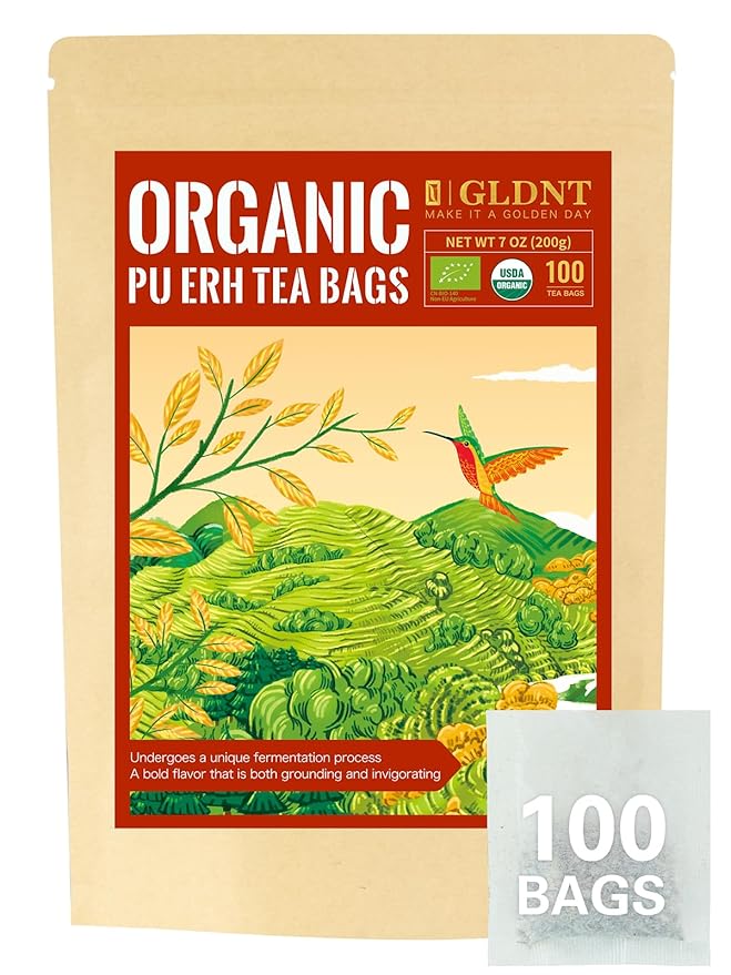 GLDNT Organic Pu-erh Tea Bags, Fermented Yunnan Dark Tea, Bold & Mellow Flavor, Caffeinated, 100