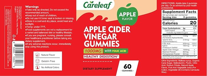 Apple Cider Vinegar Gummies 60 Counts 1000mg AVC with Vitamin B6 Vitamin B12 for Metabolism