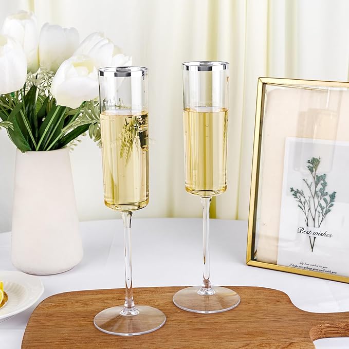 Ciaell 24 Pack Silver Plastic Champagne Flutes - 6 Oz Disposable Champagne Glasses - Square Silver