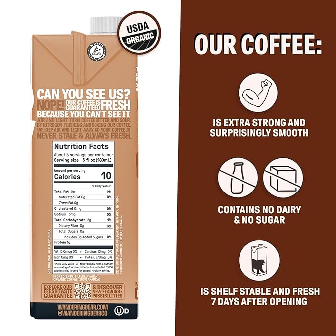 Wandering Bear Straight Black Organic Cold Brew Coffee, 32 fl oz, 3 pack - Extra Strong, Smooth