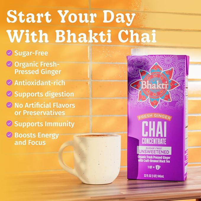Bhakti Chai Tea Concentrate | Sugar-Free, Organic Fresh Ginger, Black Tea, Spiced, Dairy-Free