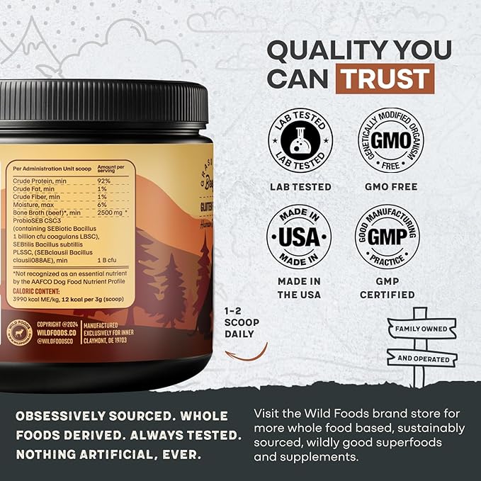 Wild Foods Dog Bone Broth Powder – 100% Natural & 16oz US Made Bone Broth for Dogs Support