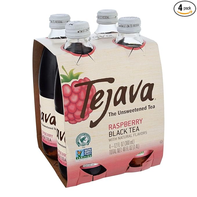 Tejava Raspberry Black Iced Tea, 4 Pack, 12oz Glass Bottles, Unsweetened, Non-GMO, Kosher, No Sugar