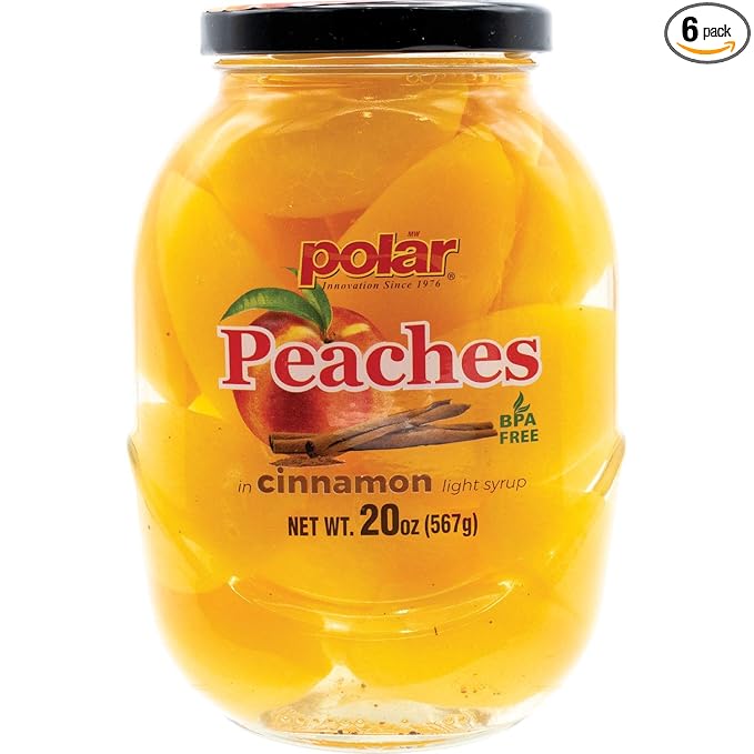 MW Polar Peach Slices in Cinnamon Infused Syrup, glass jar 20oz (Pack of 6)