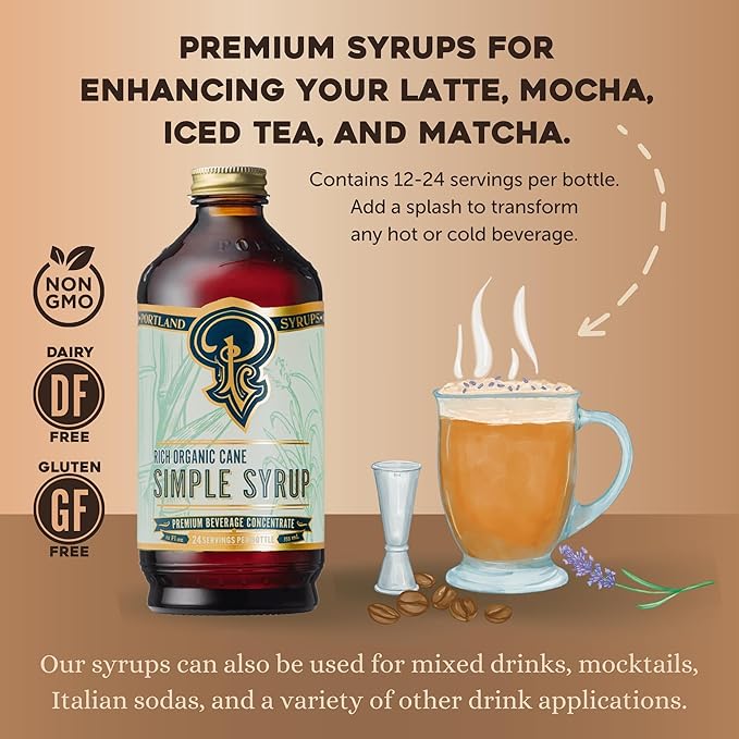 Portland Syrups Organic Cane Simple Syrup - Drink Mix for Exceptional Cocktails, Sugar for Drinks