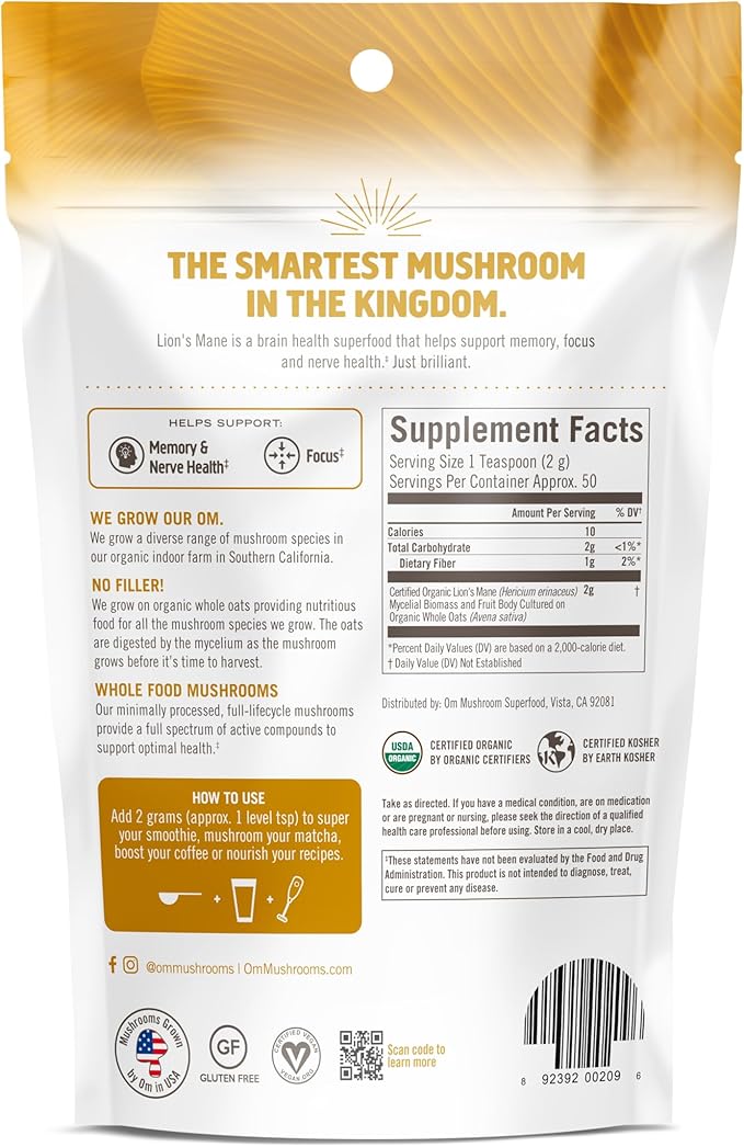 OM MUSHROOM SUPERFOOD Lion's Mane Organic Mushroom Powder, Improves Memory, Focus, Clarity, Nerve