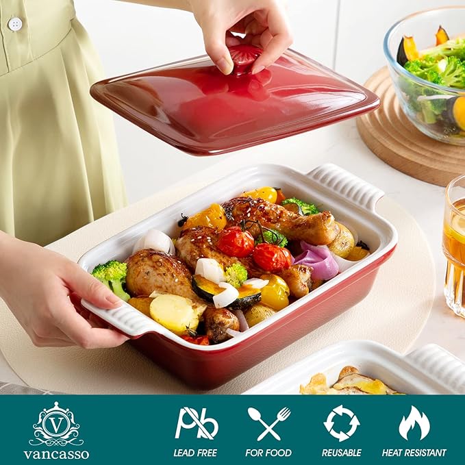 vancasso Blossom Casserole Dish With Lid, 12x7 Lasagna Pan Deep with Lid, 1.9 Quart baking dish