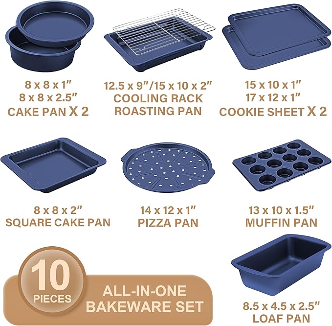 HONGBAKE Bakeware Sets, Baking Pans Set, Nonstick Oven Pan for Kitchen with Wider Grips, 10-Piece