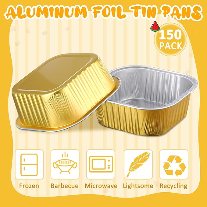 Aoriher 150 Pieces 10 oz Mini Cake Pans with Lids Aluminum Foil Baking Cups Square Disposable 4" x