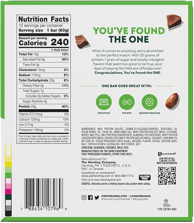 ONE Protein Bars, Chocolate Almond Bliss, Gluten Free with 20g Protein and 1g Sugar, Pantry