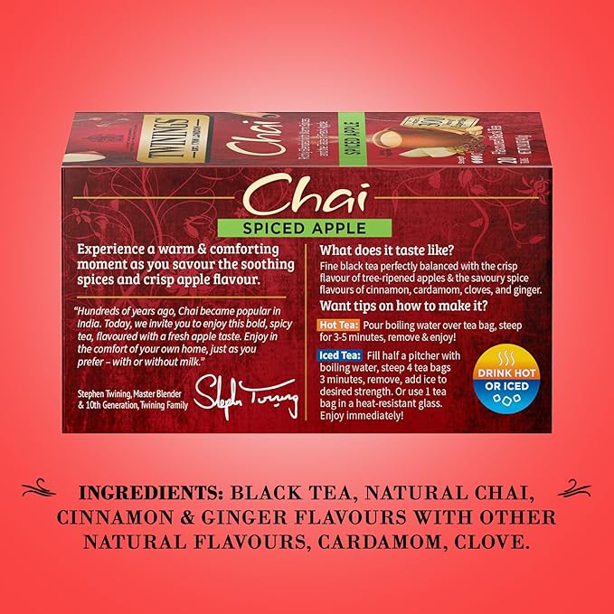 Twinings Spiced Apple Chai Black Tea Individually Wrapped Bags, 20 Count (Pack of 1), Sweet