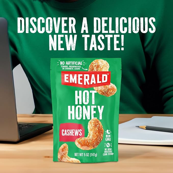 Emerald Nuts Hot Honey Cashews (1-Pack) | 5oz Resealable Bag | Kosher Dairy Certified, Non-GMO