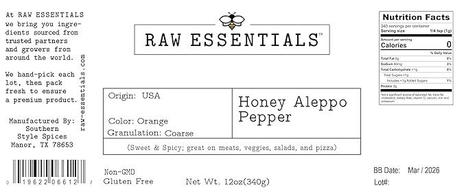 Raw Essentials Honey Aleppo Pepper - Sweet and Spicy - Great on Meats, Veggies, Salads, and Pizza