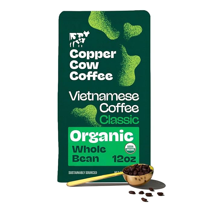 Copper Cow Premium Vietnamese Whole Bean, 12 OZ | Organic Classic Coffee | Dark Roast | Vietnamese