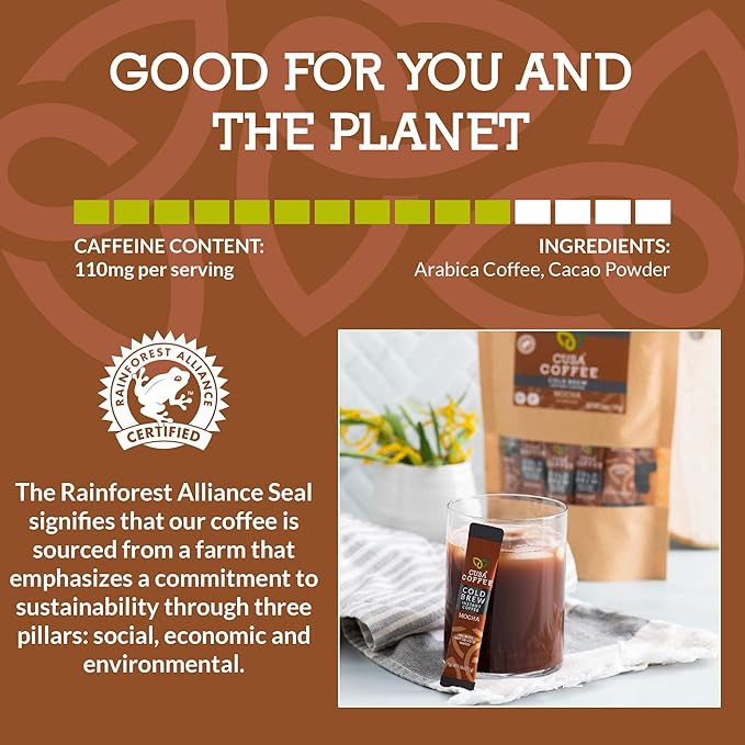 Cusa Tea & Coffee, Mocha Cold Brew. Premium Instant Coffee, Rainforest Alliance Certified Arabica
