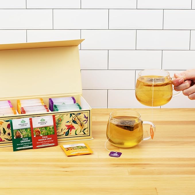 Organic India Tea Sampler Box Variety Pack - Tulsi Herbal Tea Gift Set, Hot Tea Assortment, Holy
