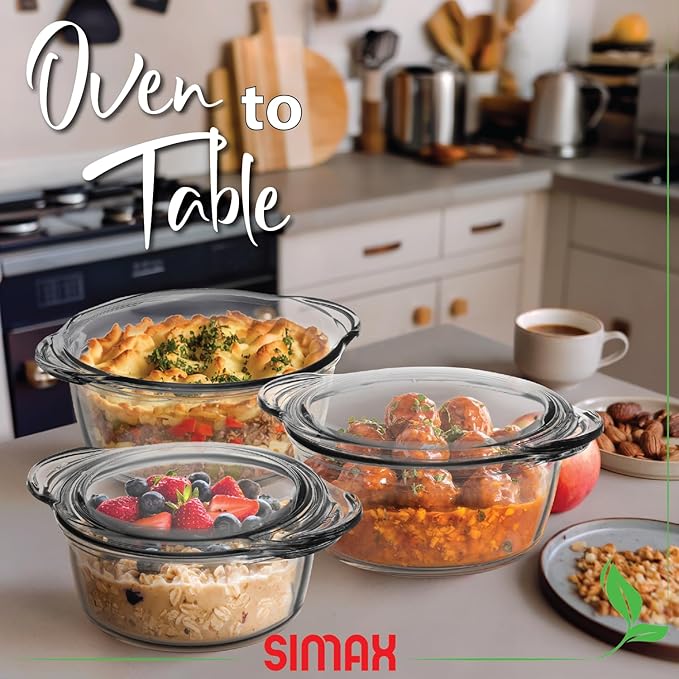 Simax Glass Casserole Dishes for Oven with Lids, Set of 3 Baking Dishes, Covered 1.50, 1.75 & 3