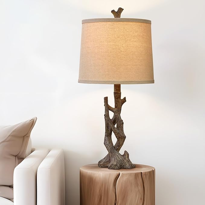 OYEARS 23" Rustic Farmhouse Table Lamp Country Cottage Lamps for Nightstand Tree Trunk Wood Grain