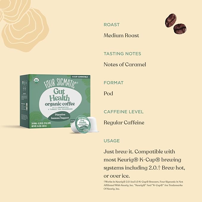 Four Sigmatic Gut Health Organic Coffee Pods | Medium Roast Probiotic K Cups with Chaga and Turkey