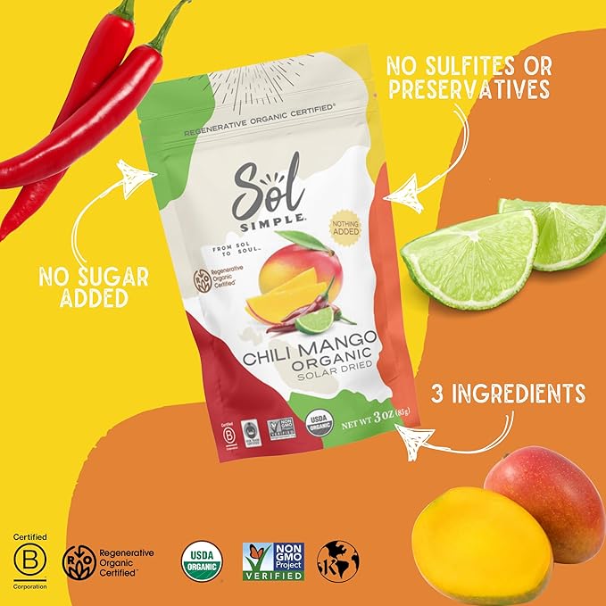 SOL SIMPLE Regenerative Organic Certified ® | Dried Chili Mango | Three Ingredients | Vegan |