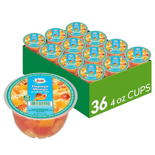 Dole Papaya Mango In 100% Fruit Juice Snacks, 4oz 36 Total Cups, Gluten & Dairy Free, Bulk Lunch