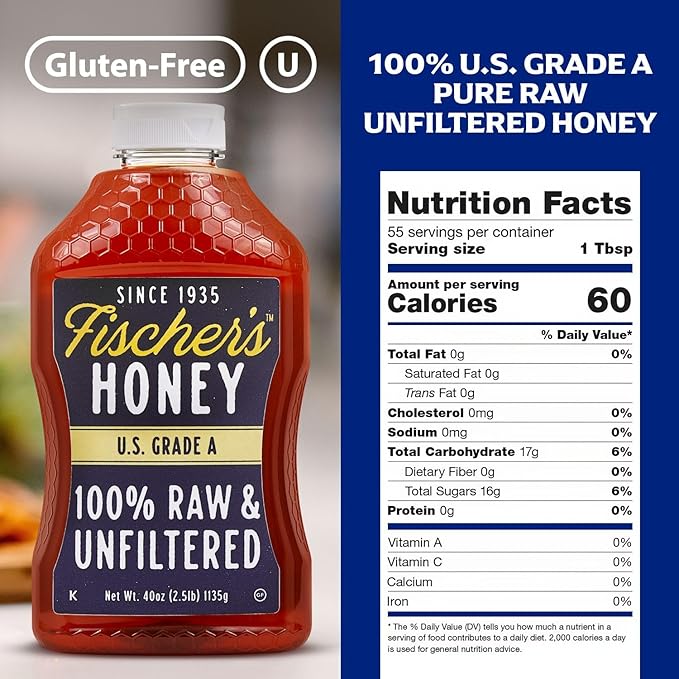 Fischer’s 100% Pure, Raw & Unfiltered Honey, 40 oz – USA Made Honey – All-Natural Sweetener – Rich