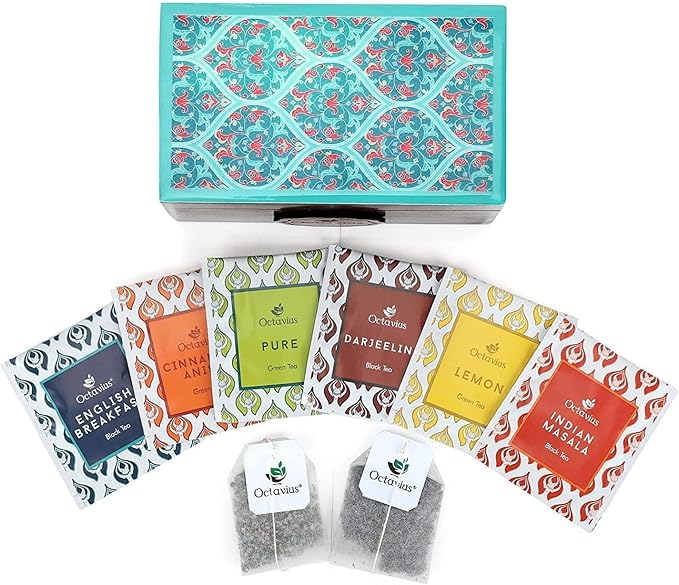 Octavius Assorted Tea Gift Set | 6 Assorted Black & Green Teas | 30 Teabags | Wooden Tea Sampler