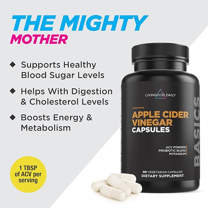 Livingood Daily Apple Cider Vinegar Capsules with The Mother (1500mg) - ACV Pills with Probiotics &