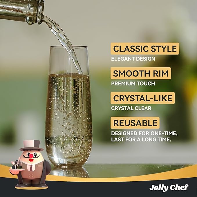 JOLLY CHEF 48 Pack Stemless Plastic Champagne Flutes 9 oz, Crystal Clear Stemless Plastic Toasting