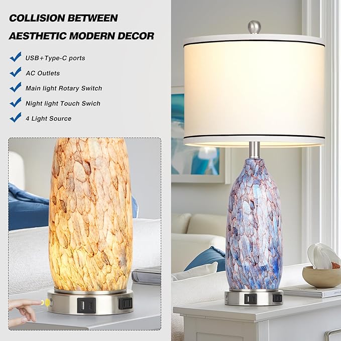 Coastal Lamps with USB A+C Ports & LED Night Light, Unique Seashells Glass Table Lamps with Natural
