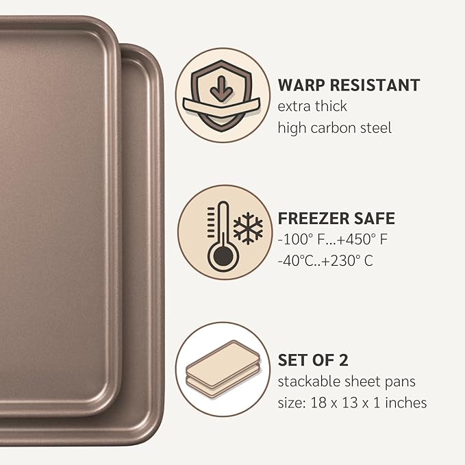 Nonstick Non-Toxic 18-inch Half Baking Sheet 2-Pack | Premium Extra Thick Sheet Pan | Warp