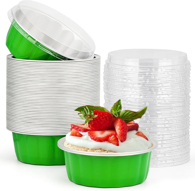 Beasea Disposable Ramekins 8oz, 50 Pack Foil Cups with Lids Cupcake Cups Grass Green Aluminum Foil