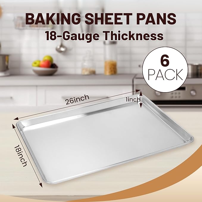 6 Pack Full Size Baking Sheet Pan Aluminum Commercial Pan for Oven Freezer Bakery Hotel Restaurant