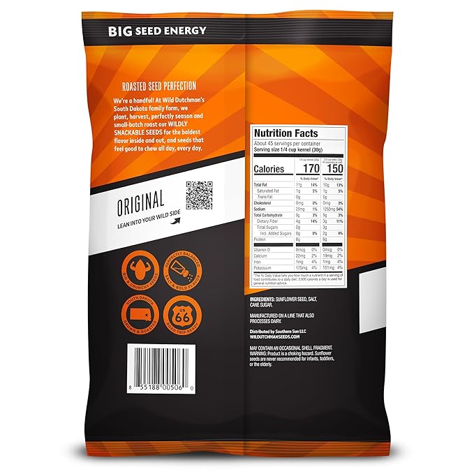 Wild Dutchman Roasted Sunflower Seeds in a Resealable Bag for Ultimate Freshness and an Easy Pour