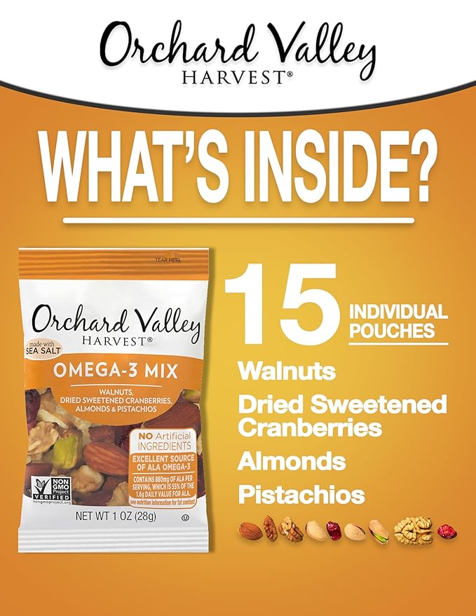 Orchard Valley Harvest Omega-3 Mix, 1 Ounce Bags (Pack of 15), Walnuts, Cranberries, Almonds, and
