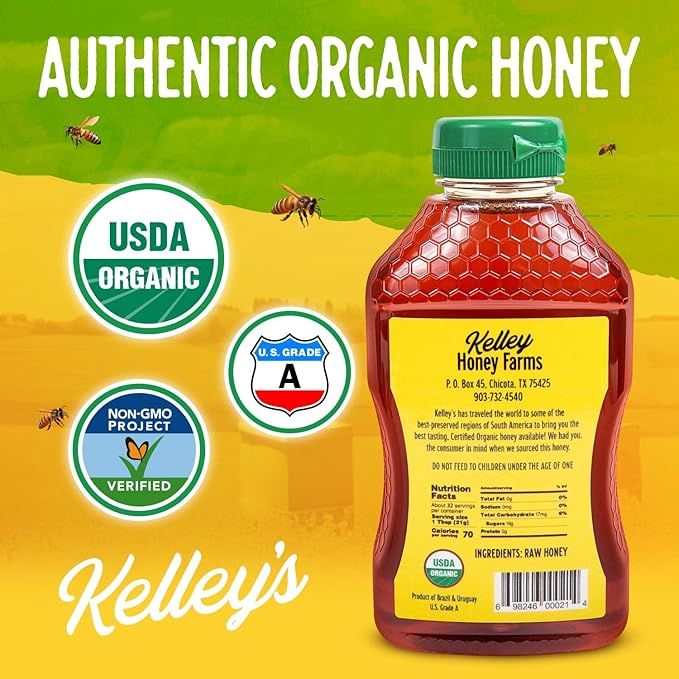 Kelley's 100% Organic Raw & Unfiltered Honey, USDA Certified, 24 Oz – All Natural, Flavor-Rich