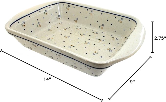 Blue Rose Polish Pottery - Off-white Country Meadow Large Rectangular Baker with Handles - 9" x
