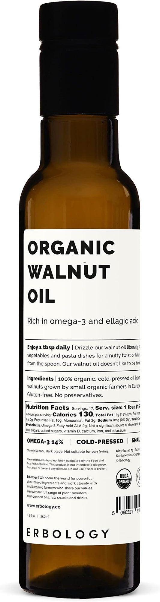 Erbology Organic Walnut Oil 8.5 fl oz - Cold-Pressed - Supports Cognitive Health - Straight from