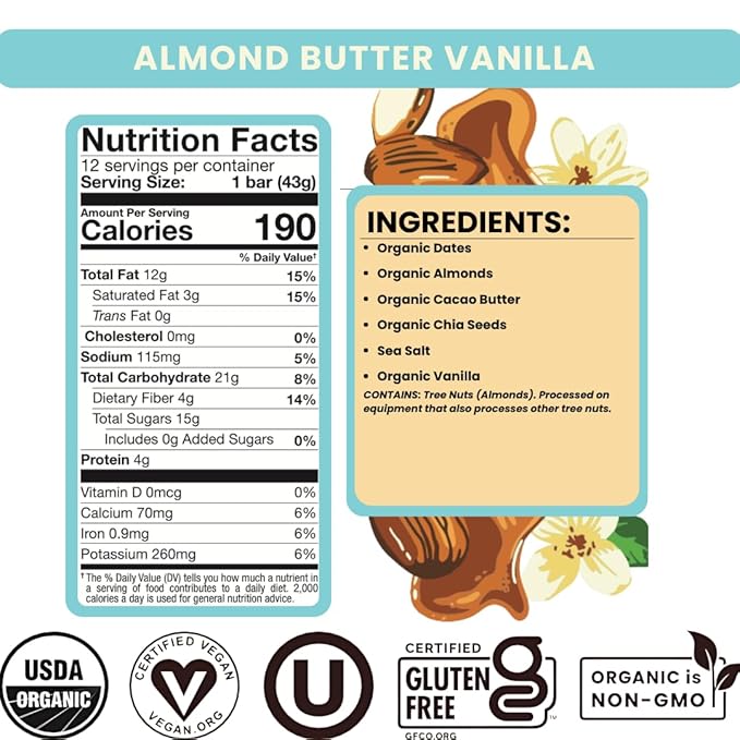Bearded Brothers, Organic Vegan Protein Energy Bars, Almond Butter Vanilla (12 Pack) - Gluten Free