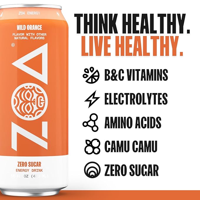 ZOA Zero Sugar Energy Drinks, Wild Orange - Sugar Free with Electrolytes, Healthy Vitamin C, Amino