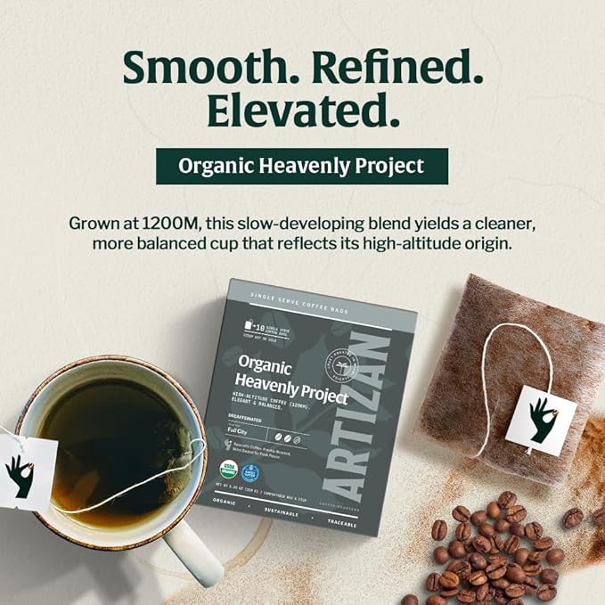 Artizan Organic Single-Serve Heavenly Project Swiss Water Decaf Coffee Bags | Full City Plus Roast