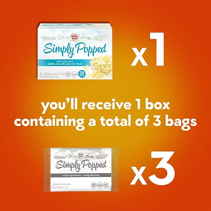 Jolly Time Simply Popped - Lightly Salted Microwave Popcorn, 3oz Sharing Bag, 3 Bags Per Carton