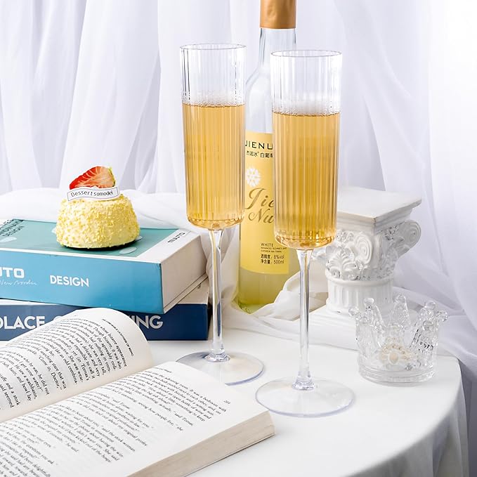 Ciaell 24 Pack Plastic Champagne Flutes - 6oz Ribbed Disposable Champagne Glasses - Clear Vintage